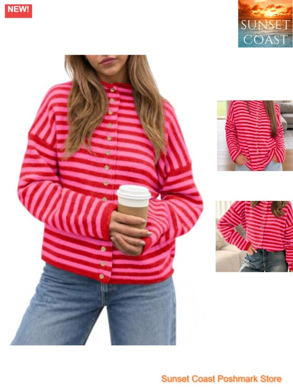 Womens Striped Mock Neck Button Down Cardigan Sweater Loose Fit Fall Winter